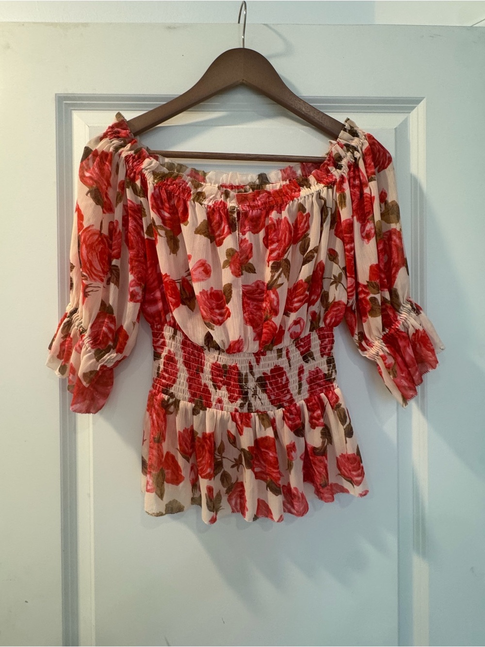 L'AGENCE Pink and Red Floral Off-Shoulder Smocked Peplum Blouse